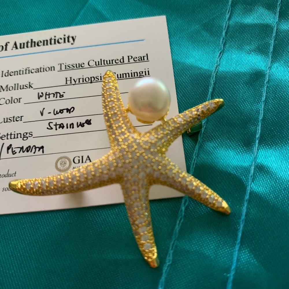 White Fresh Water Starfish Brooch in stainless gold